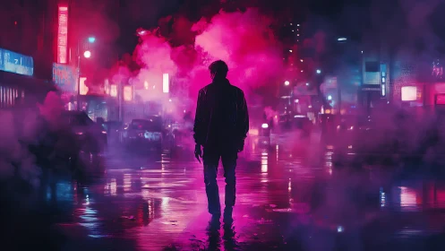Solitary figure stands in neon fog on wet urban street