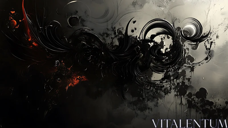 Swirling black viscous forms cut across a desaturated field