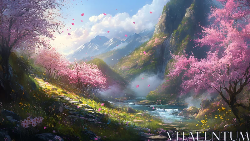 Mountain valley stream with cherry blossoms in bloom.