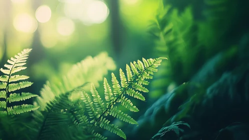Backlit fern fronds with cinematic bokeh in verdant forest.