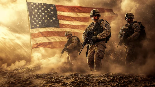 Modern infantry squad advancing through desert dust, US flag backdrop