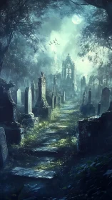 Moonlit graves trade whispers along a mist-drowned path