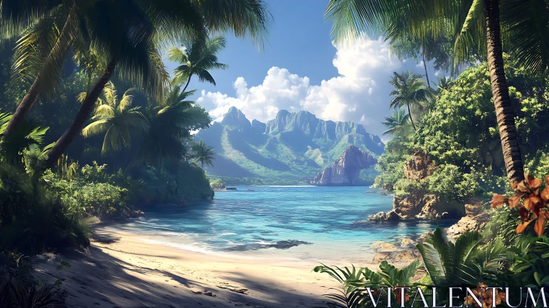 Tropical Paradise Bay Framed by Verdant Palms and Mountains.
