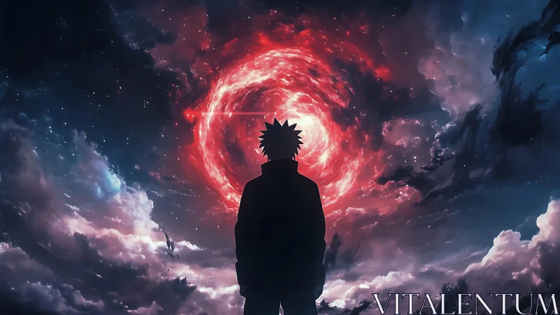 Silhouetted figure below red vortex within dark clouded sky.