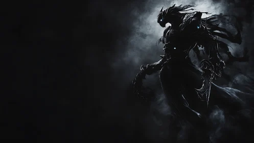 Shadowy armored creature stands in dense backlit smoke