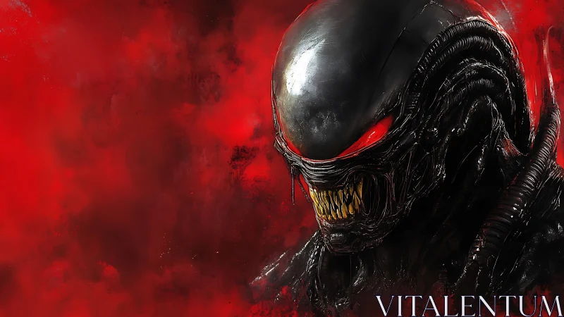 Armored alien predator glares through blood red vapor