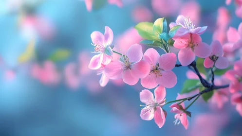 Cherry blossoms glow softly against tranquil blue bokeh.