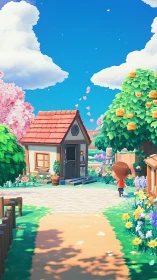 Sunlit island cottage stroll under clouds and orange trees.