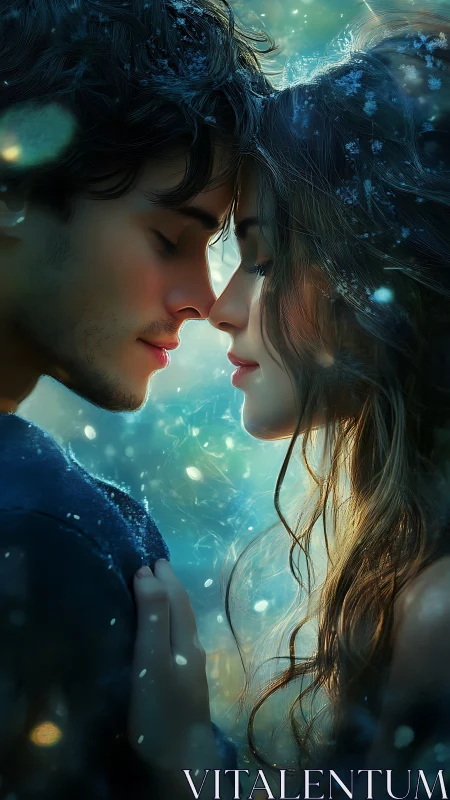 Close proximity portrait of two figures in atmospheric light environment.