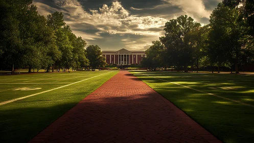 Symmetric campus quad under low-angle sunset illumination.