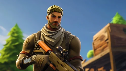 Battle-hardened sniper steadies rifle under clear sky.