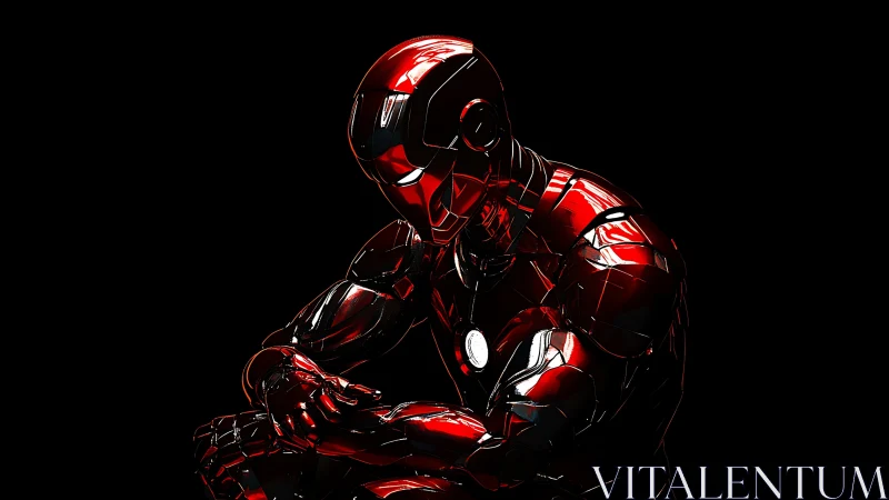 Brooding red armored cyborg in high-contrast digital glow.