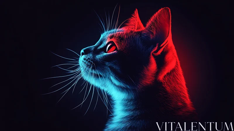 Neon-bathed cyber cat stares into electric midnight horizons.