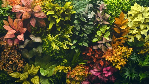 Dense vertical wall of multicolored tropical foliage plants.