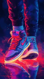 Neon-lit sneakers suspended over glowing urban pavement.