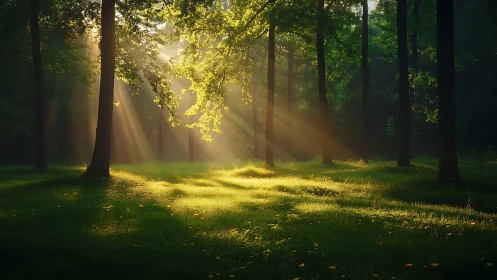 Sunbeams Through Forest Trees in Lush Morning Woodland Scene.