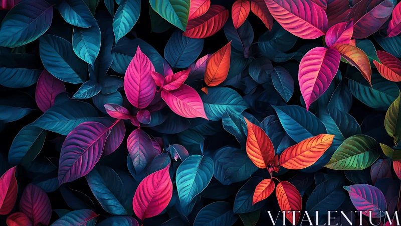 Neon-toned tropical leaves unfold in a luminous abstract tapestry