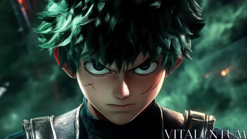 Intense green haired hero portrait in cinematic focus.