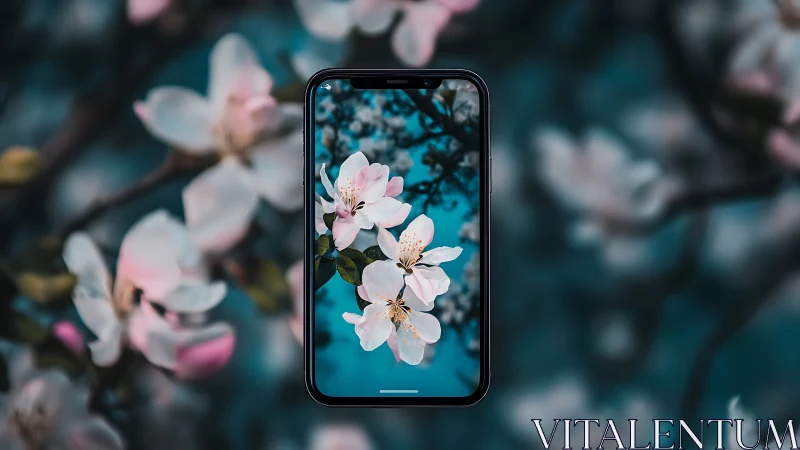 Smartphone displays delicate cherry blossom cluster against bokeh backdrop.