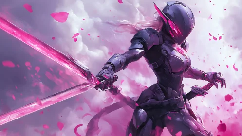 Armored cyber warrior with twin pink energy blades.