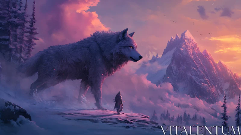 Large wolf and cloaked figure stand in misty alpine terrain
