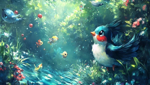 Luminous forest aviary with stylized songbird focal geometry.