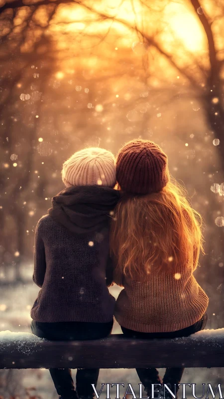 Two figures seated facing golden tree-lined path bathed in warm backlit glow