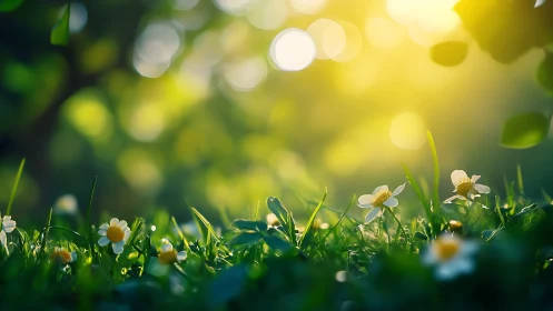 Morning light drifts over tiny daisies in dewy grassland.