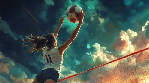 Volleyball player leaps skyward beneath glowing stormy clouds.