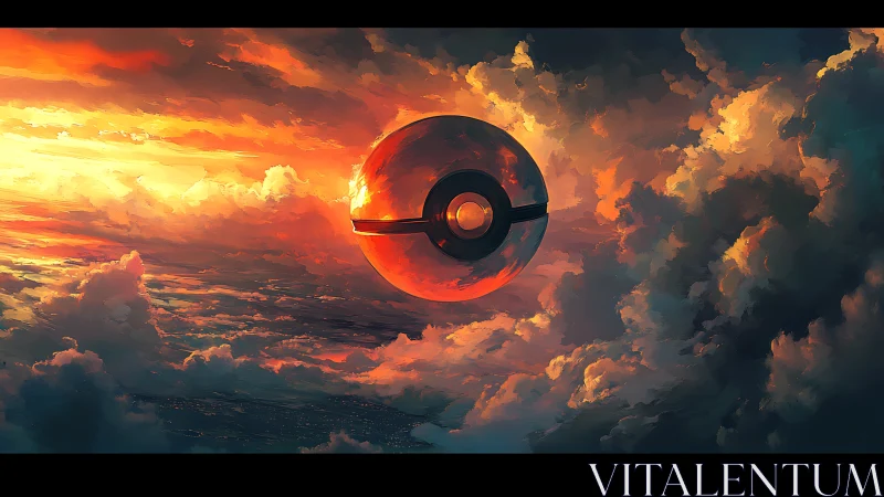 Giant red metallic sphere floating in dramatic sunset sky.