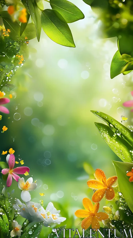 Lush dewy garden blooms frame a glowing spring morning.