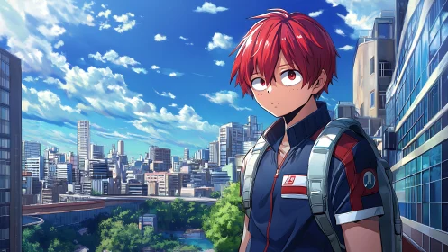 Red haired student pausing on a bright city rooftop walk.