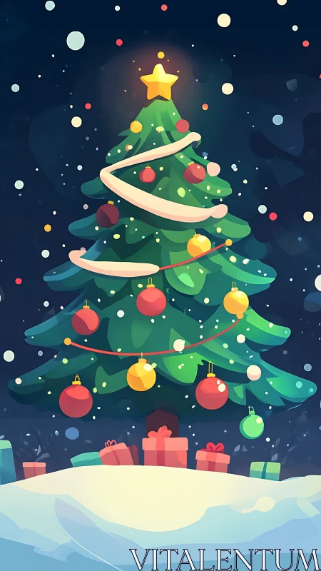 Stylized Christmas tree illustration with ornaments and gifts
