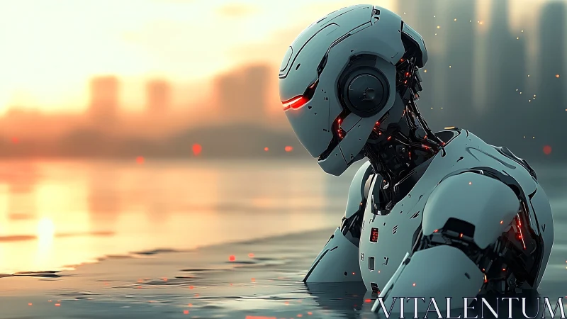 Solitary combat android in reflective waterfront dusk scene.