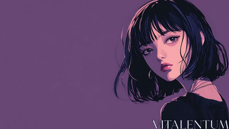 Side profile anime portrait of woman on purple background.