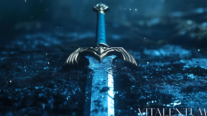 Cold-forged longsword embedded in saturated nocturnal soil.