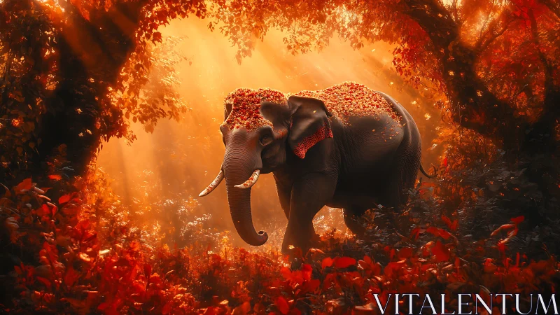 Elephant walks through glowing red forest under petals.