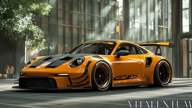 Orange race-prepared sports car in modern urban plaza.