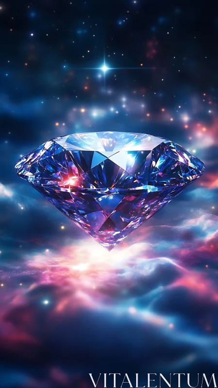 Floating faceted diamond hovers above colorful nebula