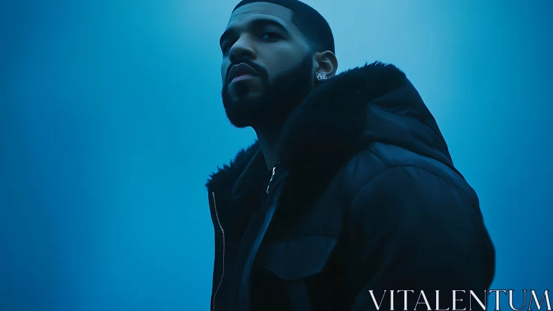 Male subject stands in blue-toned studio lighting environment