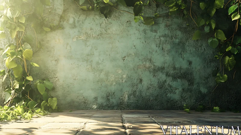 Photorealistic ivy courtyard wall with warm directional light.