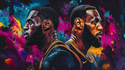 Basketball player double portrait in vivid digital colors.