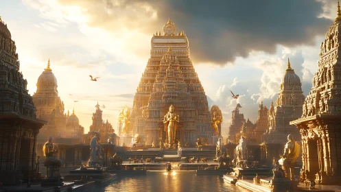 Sun-drenched golden temple city afloat in quiet waters.