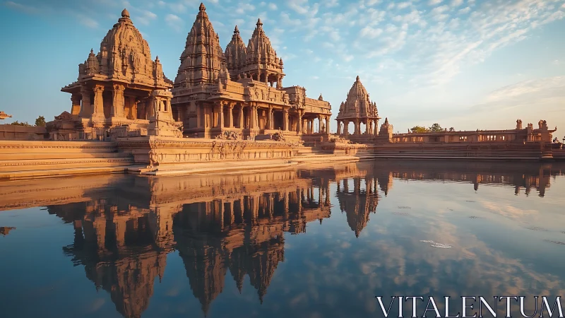 Sunlit temple reflected in tranquil morning waters.