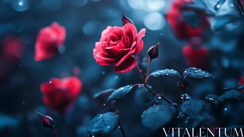 Red roses with water droplets against blue night background.