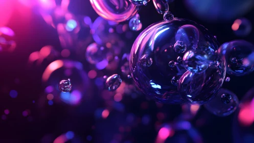 Floating iridescent bubbles in neon abstract digital art style.