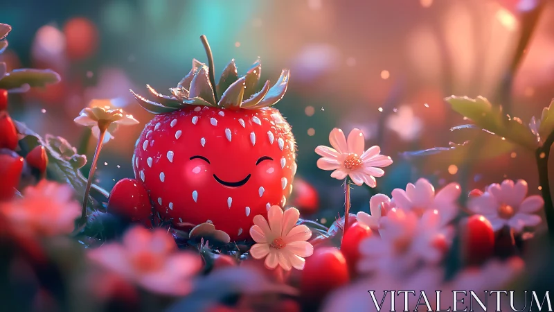 Smiling cartoon strawberry sits among glowing flowers