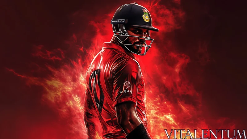 Digital painting of cricket batsman in fiery red backlighting.