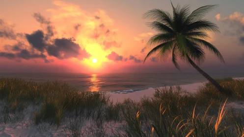 Tropical beach sunset with glowing clouds and palm silhouette.