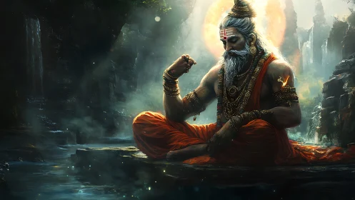 Mystic sage in luminous meditation by waterfall gorge.